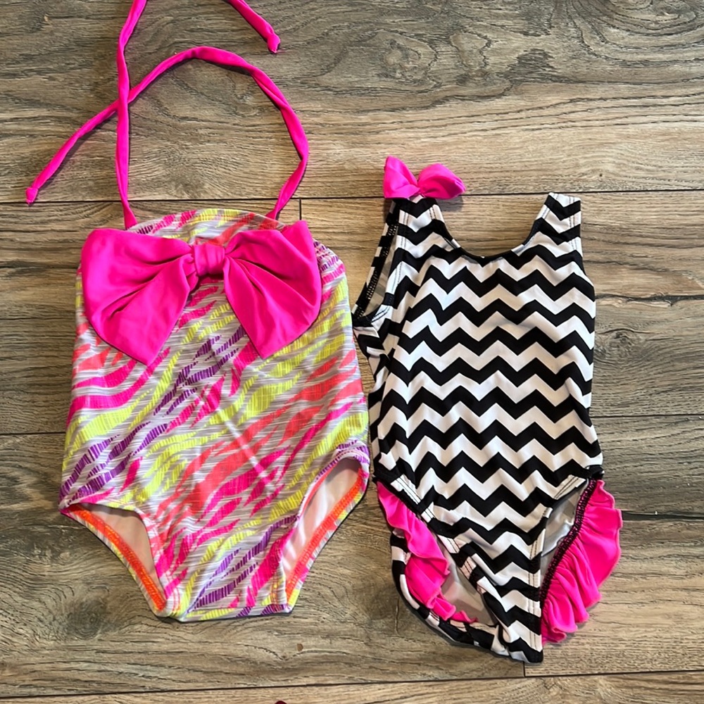 Set of 2 Dippin Daisy’s Too Cute 2T Swimsuits: Big Bow Front & Ruffle Bottom